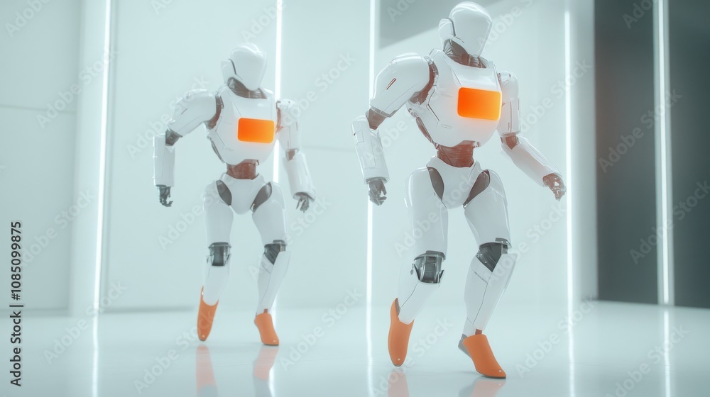 Poster two humanoid robots in a futuristic setting.