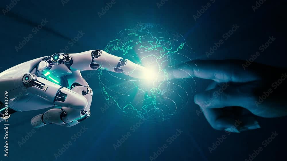 Aufkleber ai, machine learning, hands of robot and human touching on big data network connection background, s
