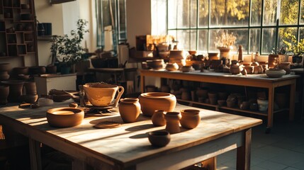 Fototapeta premium A vibrant pottery workshop in a sunlit studio, Clay and pottery wheels set for creative crafting, Artisanal craft style