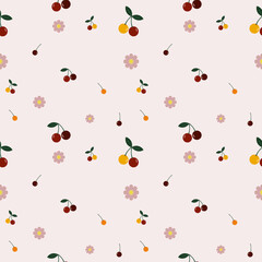 Cute cherries cartoon vector hand drawn on beige background seamless pattern. Perfect kawaii decorative elements design for fabric, cover, wallpaper, nursery room, interior, paper, decoration, texture