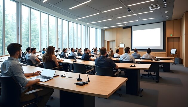 A modern lecture hall with a spacious layout, featuring curved seating designed to ensure a clear view of a large projection screen at the front.