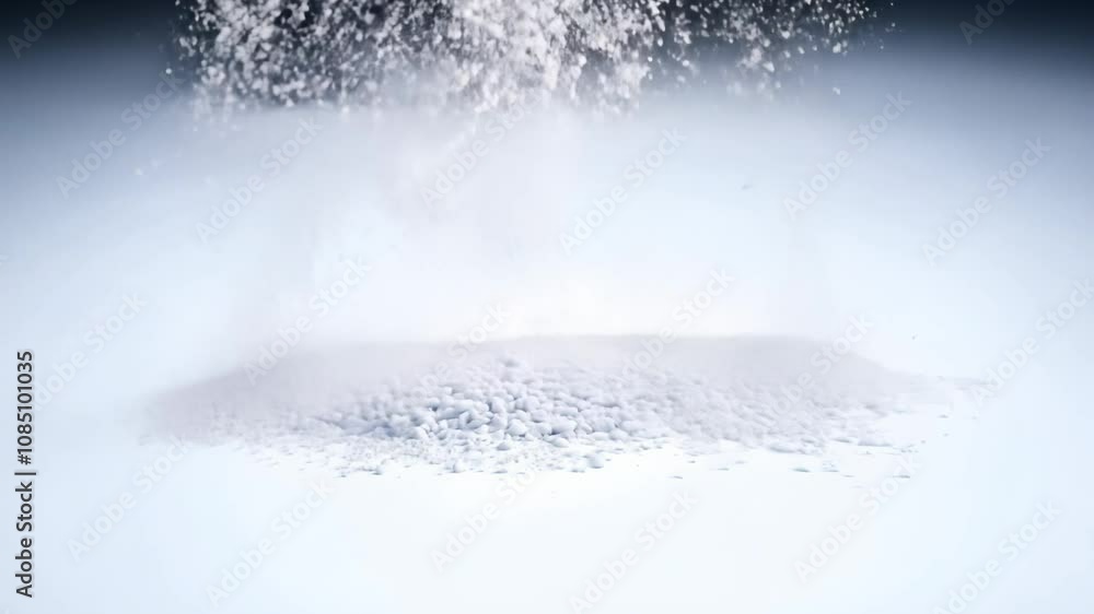 Poster camera tilts down to reveal a pristine white surface exploding into fine powder, creating a ghostly,