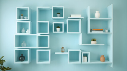 Geometric pastel blue wall shelves come in a variety of sizes and shapes and are arranged in layers, perfect for a modern minimalist room.