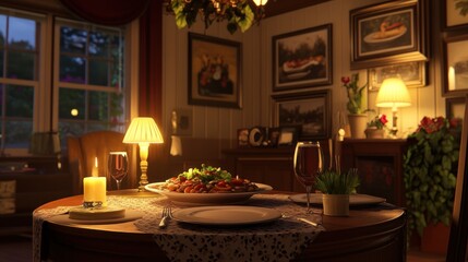 A cozy dining setup with a meal, candles, and warm lighting in an inviting atmosphere.