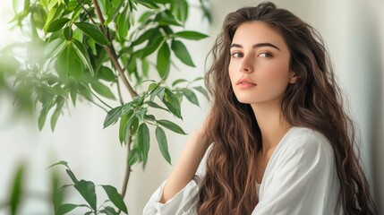 Naklejka premium Young woman with curly hair near green plant.