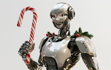 Fototapeta premium Candy Cane Robot: A sleek, silver robot holding a large candy cane and smiling, with small holly decorations on its shoulders, on a white background 