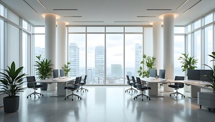Fototapeta premium An open and modern office space designed with a minimalist aesthetic, captured in high-definition clarity. Floor-to-ceiling windows flood the area with natural light and offer a panoramic view. 
