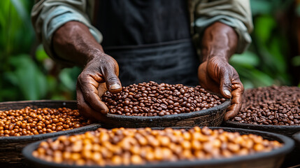 African farmer showing freshly harvested coffee beans in wooden bowls at plantation. Close up of hands sorting raw and roasted coffee. Concept of fair trade, agriculture and organic farming.