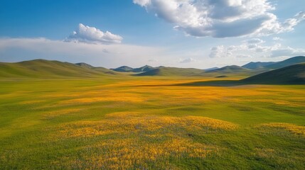 Obraz premium A drone captures the landscape of colorful grasslands and flower fields in spring, with clear skies and white clouds floating above the beautiful scenery