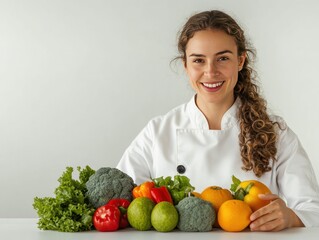 Fototapeta premium A smiling chef with fresh vegetables and fruits, promoting healthy eating.