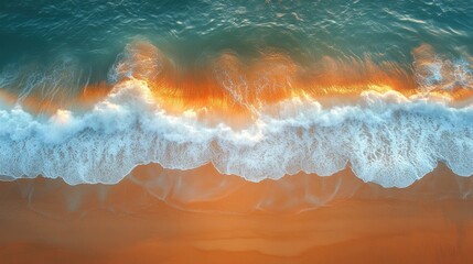 Fototapeta premium A drone captures the sea with waves crashing against the shore in an abstract line pattern. Sunlight reflecting on water creates shapes that change with the waves.