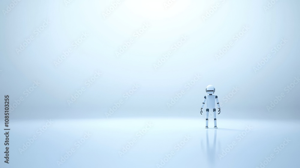 Poster a minimalistic robot in a clean, modern space.