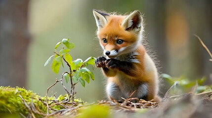 Fototapeta premium A baby fox learning to hunt in the forest, developing its skills to become independent.