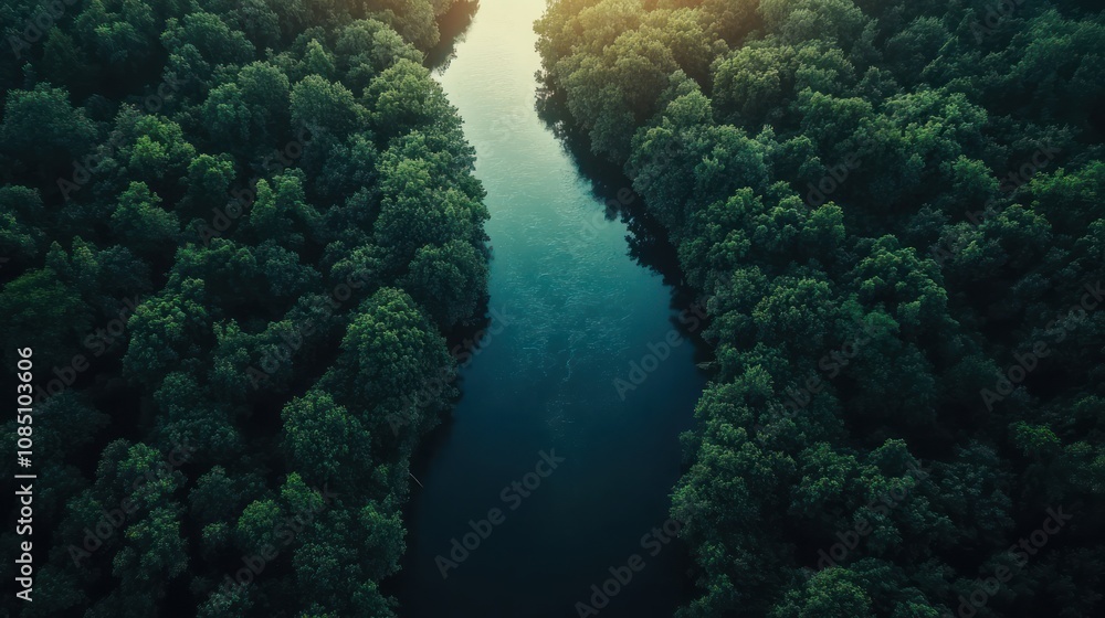 Poster a drone time-lapse of a river winding through a dense forest. see the continuous movement of the wat