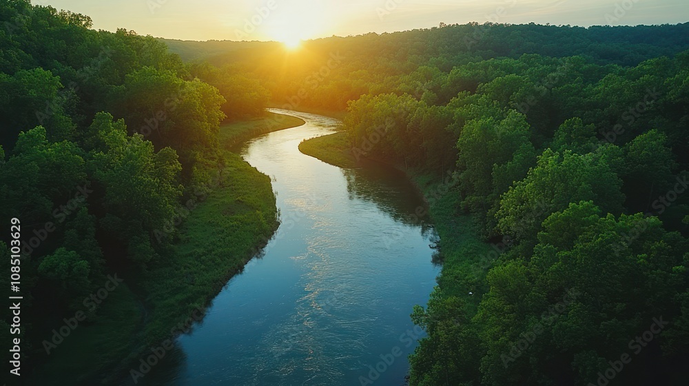 Poster a drone time-lapse of a river winding through a dense forest. see the continuous movement of the wat