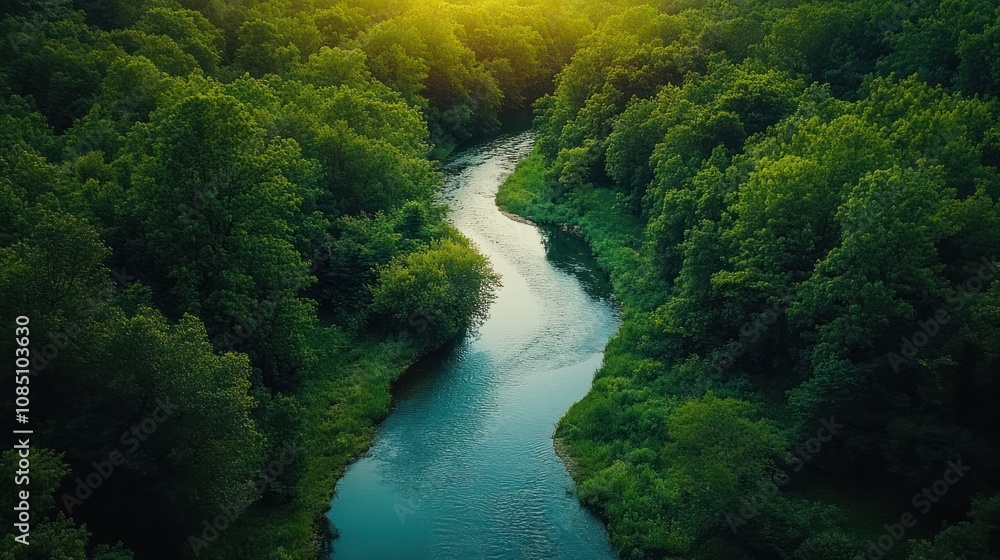 Poster a drone time-lapse of a river winding through a dense forest. see the continuous movement of the wat