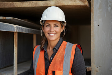A woman wearing a safety vest and a hard hat is smiling