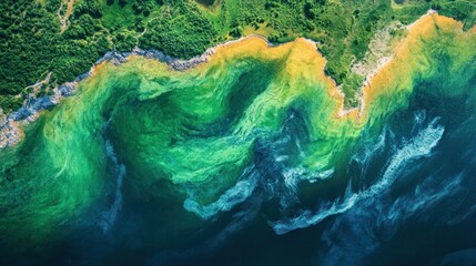 Abstract drone shot over a body of water that changes color from different angles, creating stunning patterns and colors like a painting.