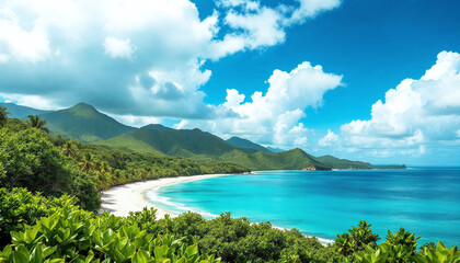 Beautiful tropical beach with white sand, palm trees, turquoise ocean against blue sky with clouds on sunny summer day.