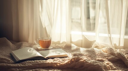 A Cozy Corner With a Journal and Herbal Tea Bathed in Soft Sunlight Through Sheer Curtains