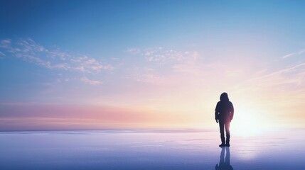 Fototapeta premium A solitary figure at sunrise by the horizon.