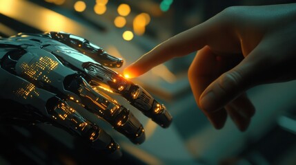 Close-up of a human finger lightly touching a robot's finger, with glowing circuits visible on the robotic surface and a soft gradient background to highlight unity between humans and AI
