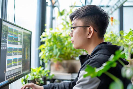 Asian professional agricultural engineer analyzing data on a computer in a greenhouse setting. Concept of integrate artificial intelligence and machine learning into farm management practices
