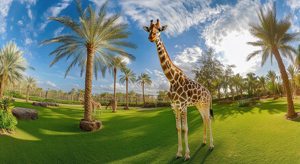 Fototapeta premium A giraffe stands majestically in a sunny zoo habitat, surrounded by vibrant green grass and tall palm trees