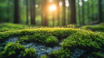 Naklejka premium Macro drone shot of moss covering rocks in a dense forest. See the fineness of each moss leaf sparkling with water droplets clinging to the surface.