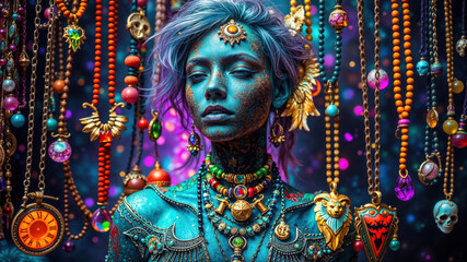 Fototapeta premium Colorful Portrait of Woman with Vibrant Jewelry and Makeup
