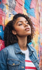 Naklejka premium A young black woman stands confidently, gazing thoughtfully while leaning against a vibrant, graffiti-covered brick wall in an urban setting.
