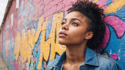 Fototapeta premium A young black woman stands confidently, gazing thoughtfully while leaning against a vibrant, graffiti-covered brick wall in an urban setting.