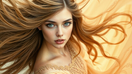 Fototapeta premium Enchanting Portrait of Woman with Flowing Hair and Mesmerizing Eyes