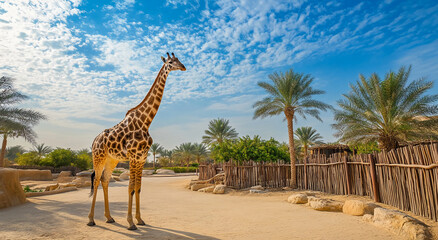 Fototapeta premium A giraffe roams a sandy path within a desert wildlife preserve