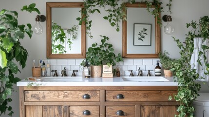 Elegant Modern Bathroom with Wooden Vanity, Greenery Accents, and Dual Mirrors, Perfect for Tranquil Home Decor and Nature-Inspired Themes