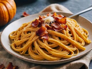Pumpkin and bacon pasta with grated parmesan cheese. Homemade pumpkin spaghetti pasta on gray concrete background, copy space. Seasonal autumn food.