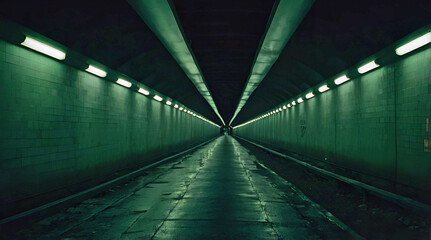 Moody Underground Tunnel With Dim Green Lighting And Wet Reflective Floor Leading To A Dark...