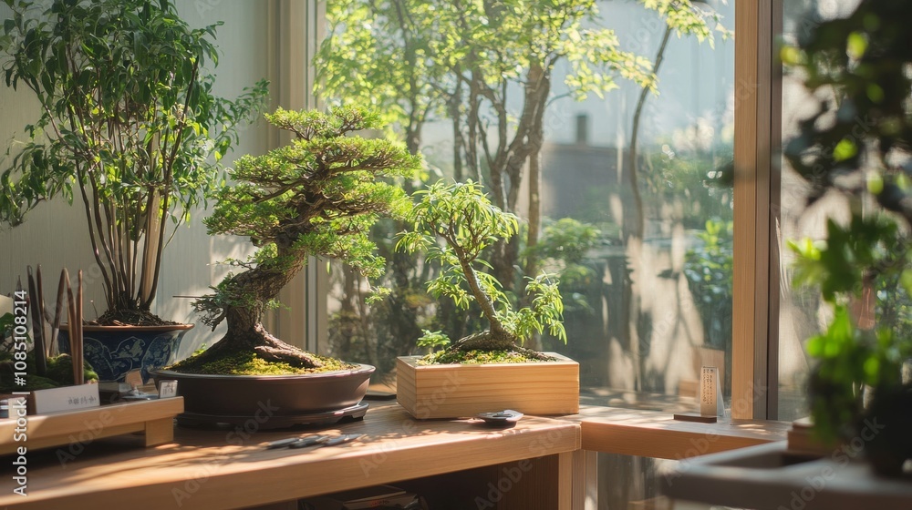 Poster a well-organized bonsai display with neatly arranged bonsai trees and tools, a quiet room with soft 