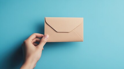 Fototapeta premium A hand holding a brown envelope against a vibrant blue background, conveying a sense of delivery or communication. Woman hands holding envelope on blue background, top view with copy space for text