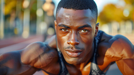 Closeup of a woman in athletic gear warming up before a workout, with the city skyline in the background, radiating confidence and readiness