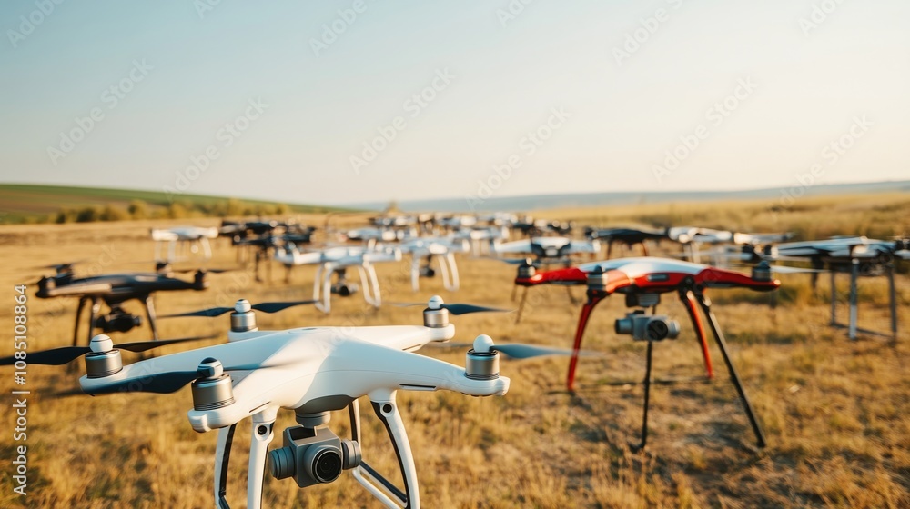 Poster A well-organized drone flying station with drones and controllers neatly laid out, An open field with clear skies, Minimalist technological style