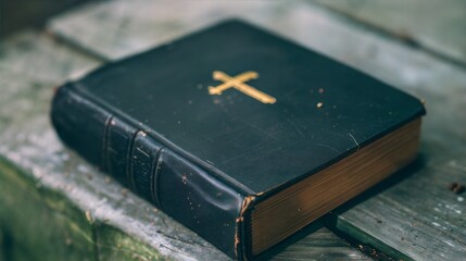 Close-Up of Black Leather Bible with Golden Cross on Wooden Surface