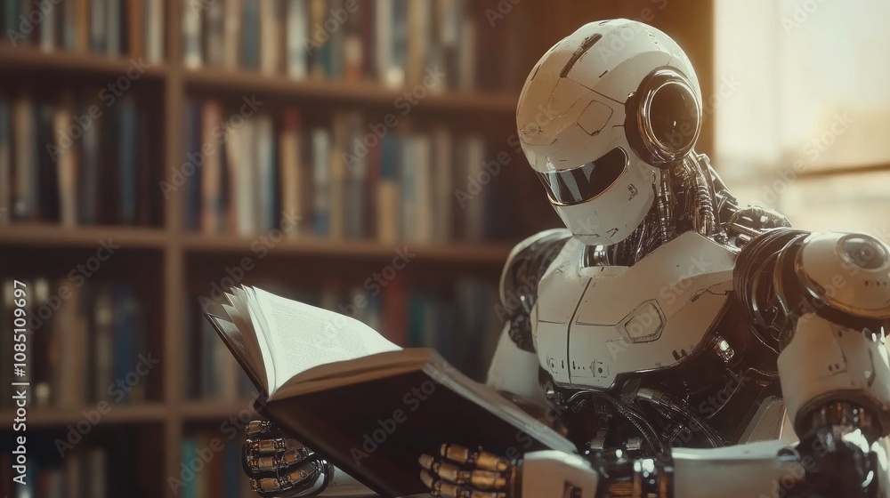 Poster A robot is reading a book in a library