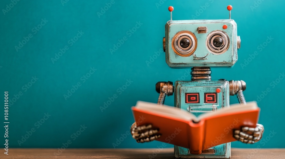 Poster A robot is reading a book on a table