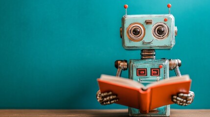 Fototapeta premium A robot is reading a book on a table