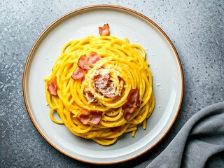 Pumpkin and bacon pasta with grated parmesan cheese. Homemade pumpkin spaghetti pasta on gray concrete background, copy space. Seasonal autumn food.