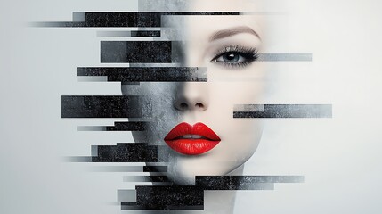 A visually captivating digital artwork depicting a woman's face in grayscale, featuring striking, bold red lips