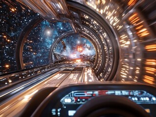 Futuristic Space Travel Through a Hyperspace Tunnel Featuring Starfields, Galaxies, and Cosmic Light Effects Captured from a Navigational Cockpit Perspective