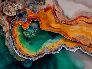 Fototapeta premium Stunning aerial perspective of vibrant geothermal pools surrounded by lush green trees, displaying nature’s artistry and strikingly vivid colors.