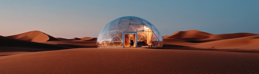 Obraz premium Geodesic transparent shelter harmoniously nestled in the serene desert landscape under a clear blue sky.